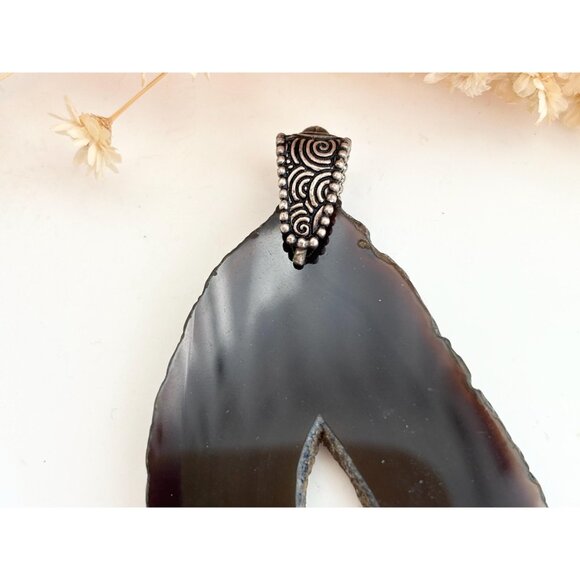 Rich Brown Sliced Agate Geode Crystal Freeform Silver Toned Vintage Pendant - Picture 4 of 13